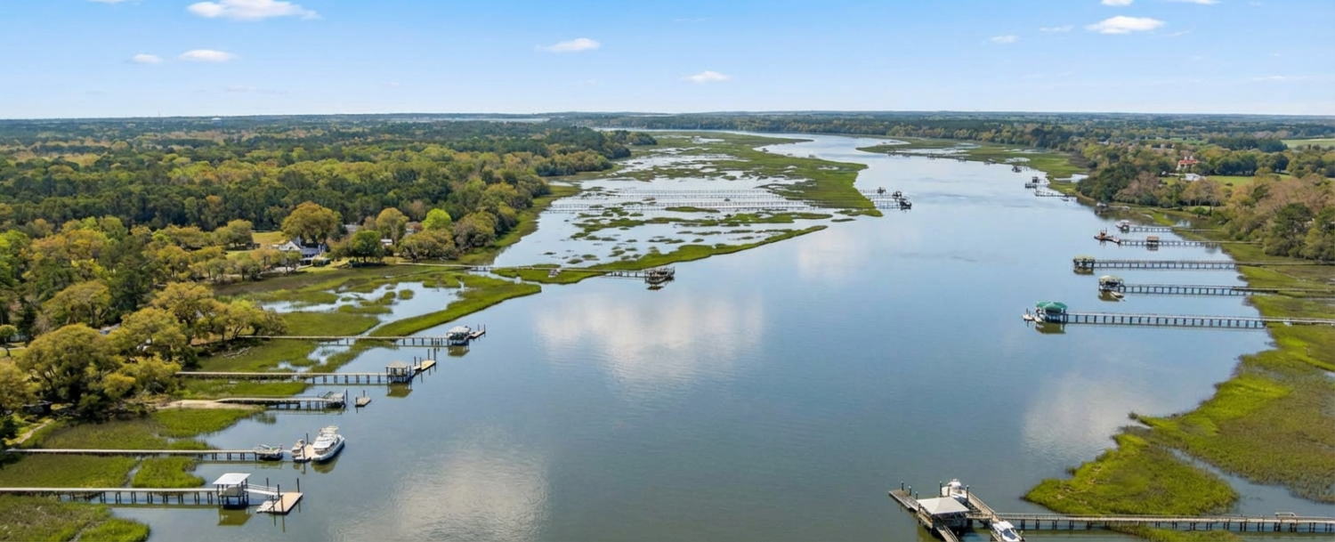 Aerial view of waterfront neighborhood on Johns Island SC