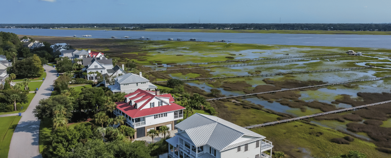 Johns Island SC waterfront homes and tidal creek aerial view
