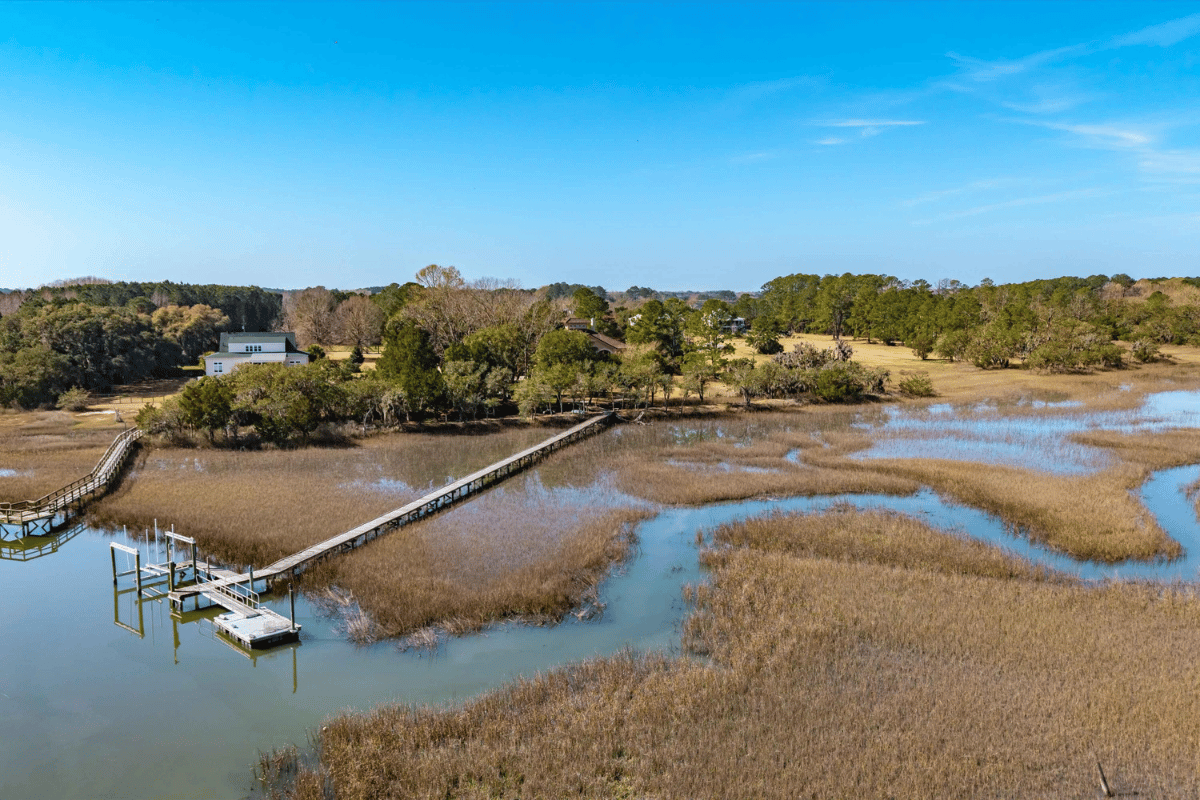 Aerial view of waterfront estate in Meggett SC