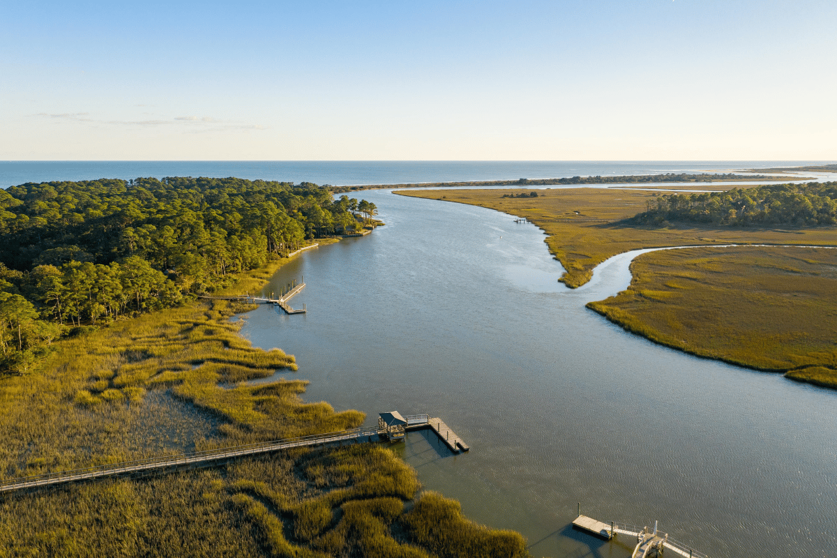 Aerial view of the dock at The Pointe Kiawah