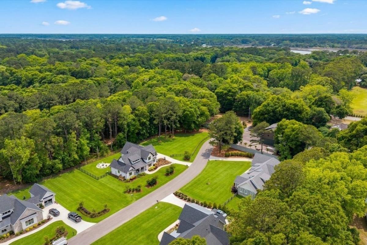 Aerial view of Haven Estates homes on Johns Island, South Carolina, surrounded by mature trees and expansive green lawns