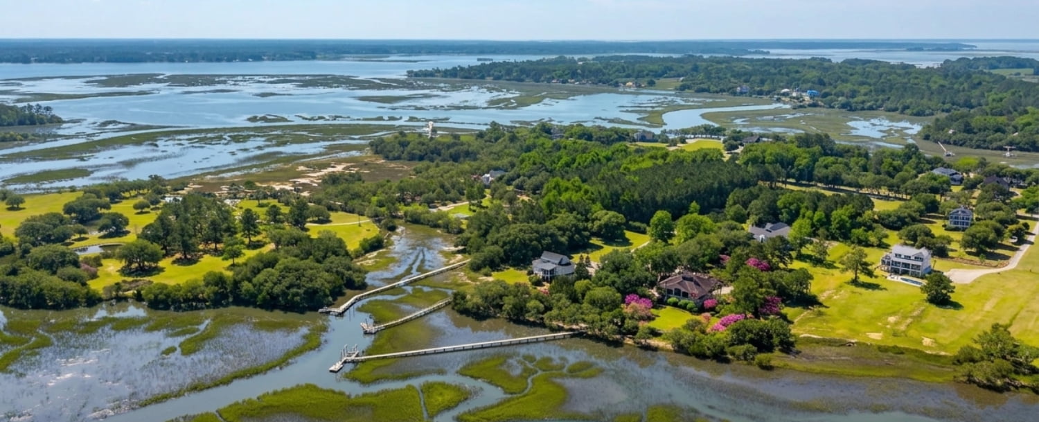 Aerial view of private dock and boardwalk extending through Lowcountry marsh on Oyster House Creek at 6411 China Back Lane, Meggett SC — Archfield Plantation