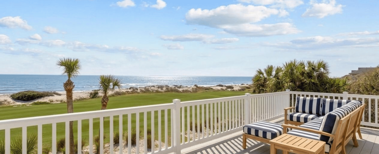Deck view across Turtle Point Golf Course to the Atlantic Ocean at The Enclave at Turtle Beach, Kiawah Island