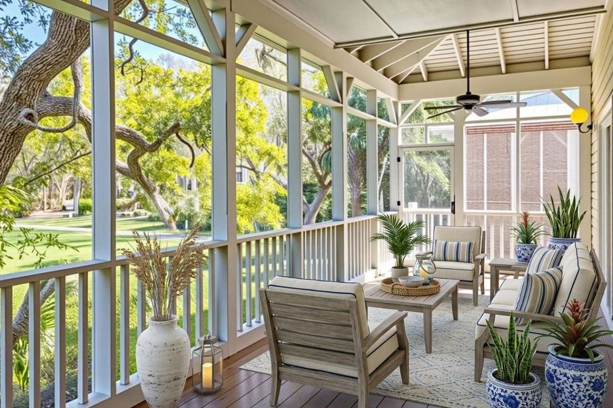 Screened porch with vaulted ceiling and live oak views at an Atlantic Beach home in The Enclave at Turtle Beach, Kiawah Island