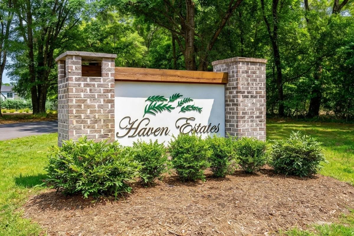 Haven Estates neighborhood entrance sign with brick pillars and lush landscaping on Johns Island, South Carolina