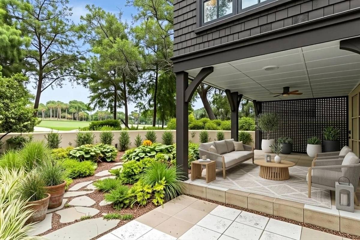 Covered patio and garden at a Cypress Point cottage with River Course golf views, East Beach Village, Kiawah Island