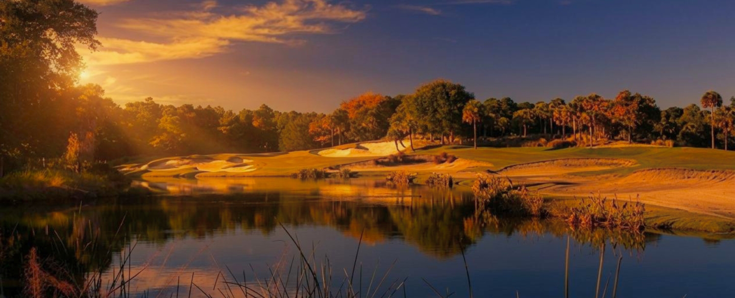 Tom Fazio's River Course at sunset, viewed from Cypress Point in East Beach Village, Kiawah Island
