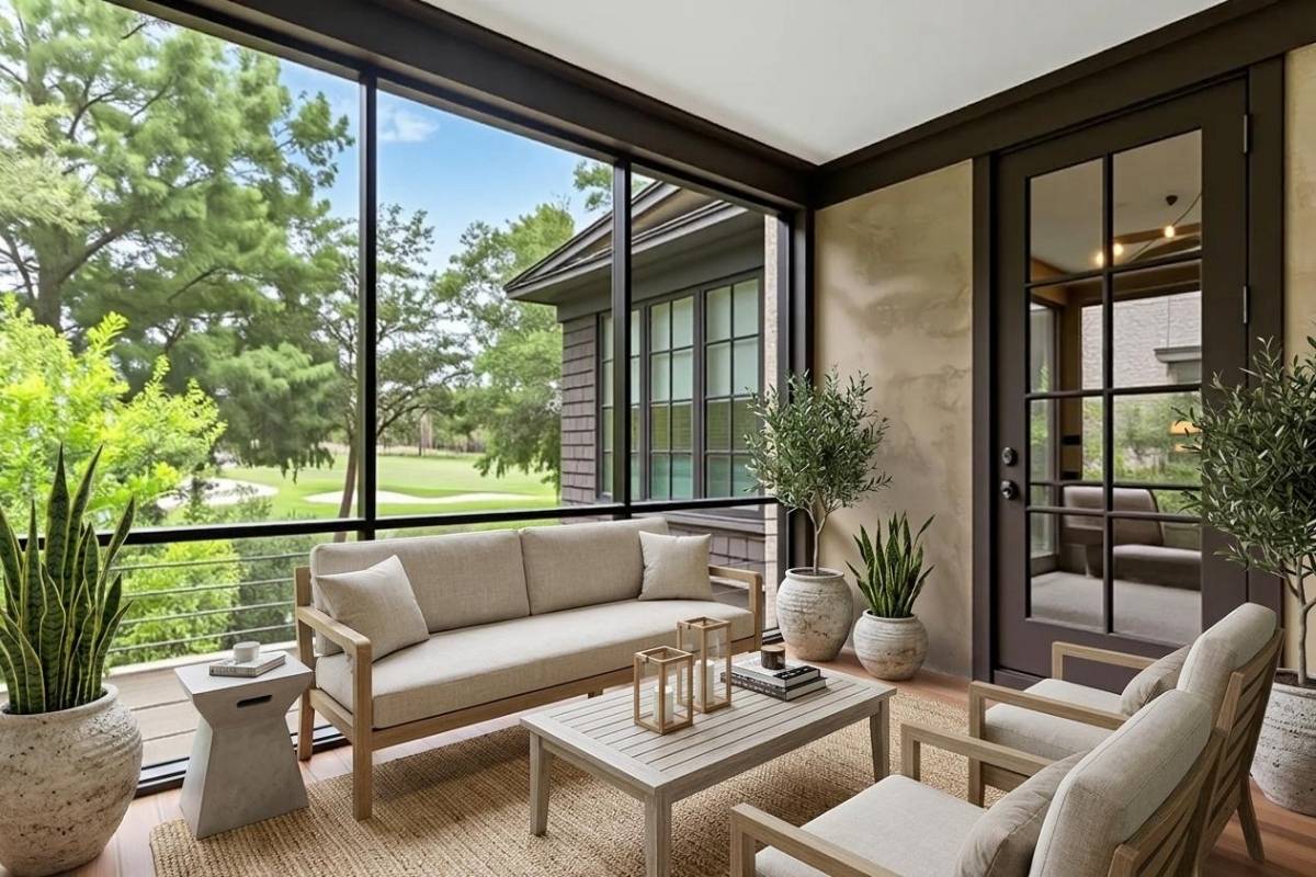 Screened porch with floor-to-ceiling views of the golf course at a Cypress Point cottage, Kiawah Island