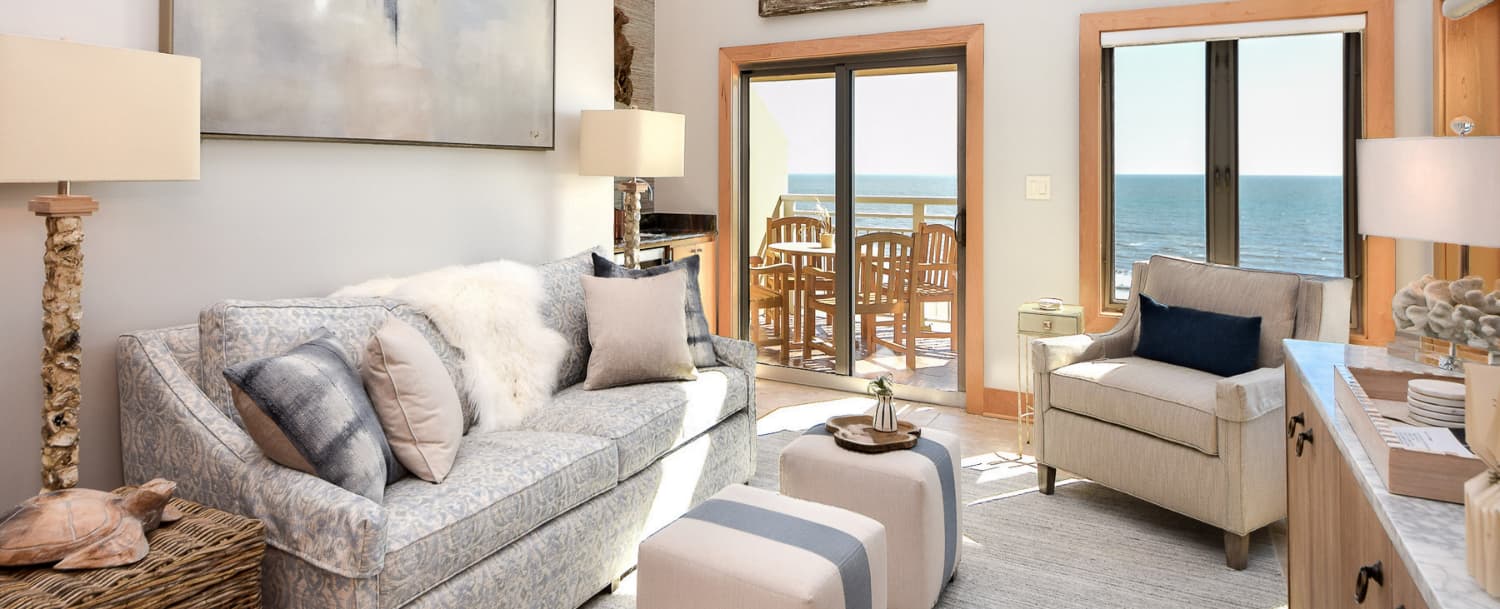 Living room interior at Windswept Villas, Kiawah Island condo with ocean views