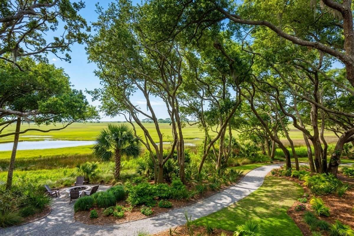 Winding trail and fire pit seating with marsh and tidal creek views at an Ocean Park home, Kiawah Island