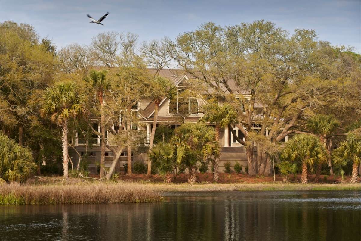Custom Ocean Park home reflected in a still lagoon with a great blue heron in flight, Kiawah Island