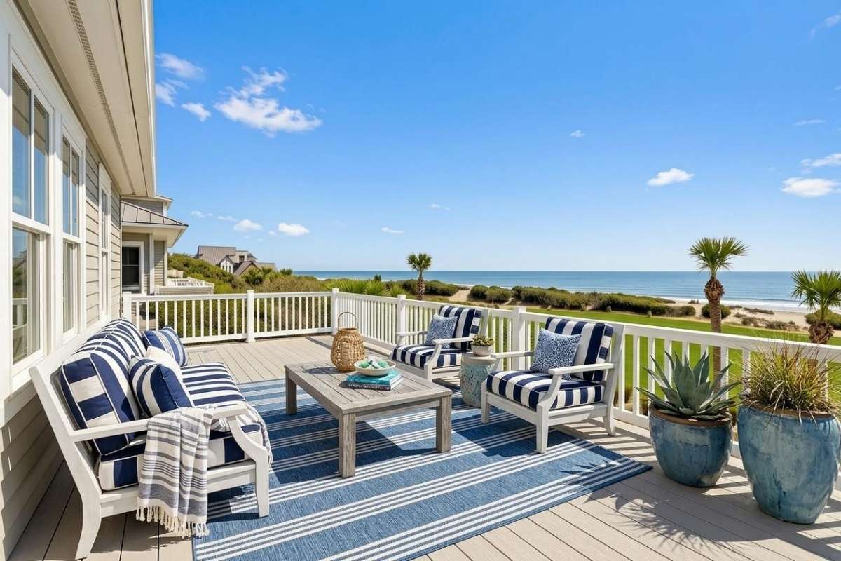 Oceanfront deck with coastal seating and Atlantic Ocean views at a Turtle Beach home on Kiawah Island