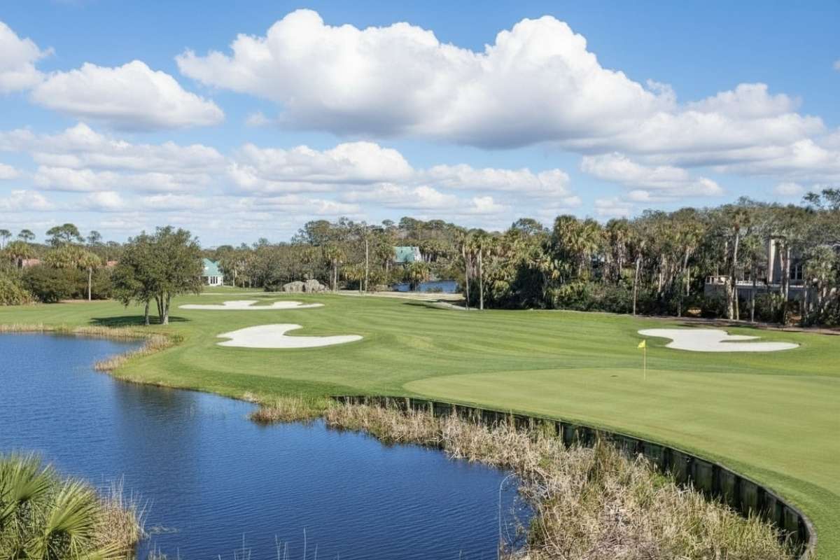 Turtle Point Golf Course fairway and lagoon with Turtle Beach homes in the tree line, Kiawah Island