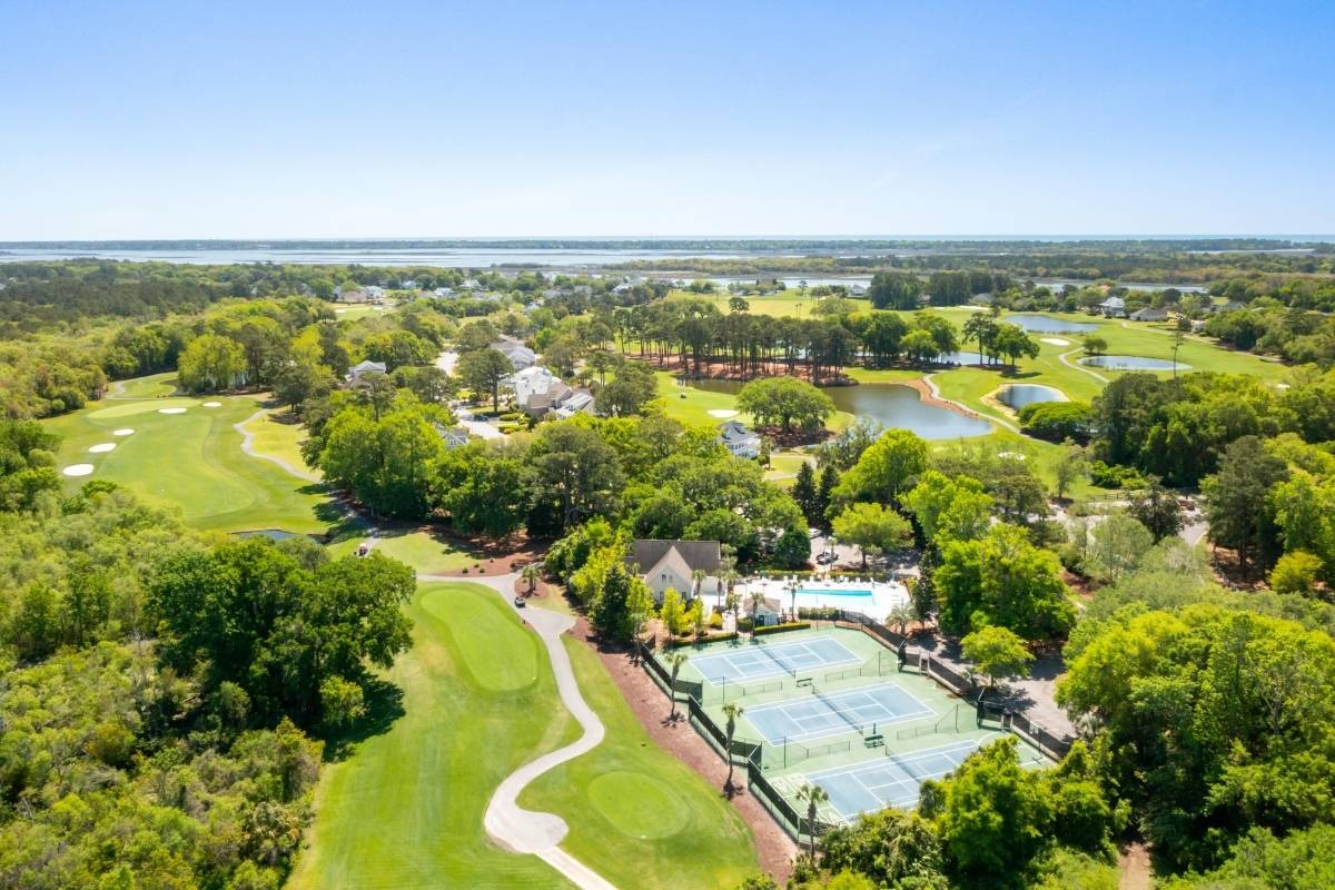 Aerial view of Kiawah River Estates tennis courts, pool, and Oak Point golf course on Johns Island SC