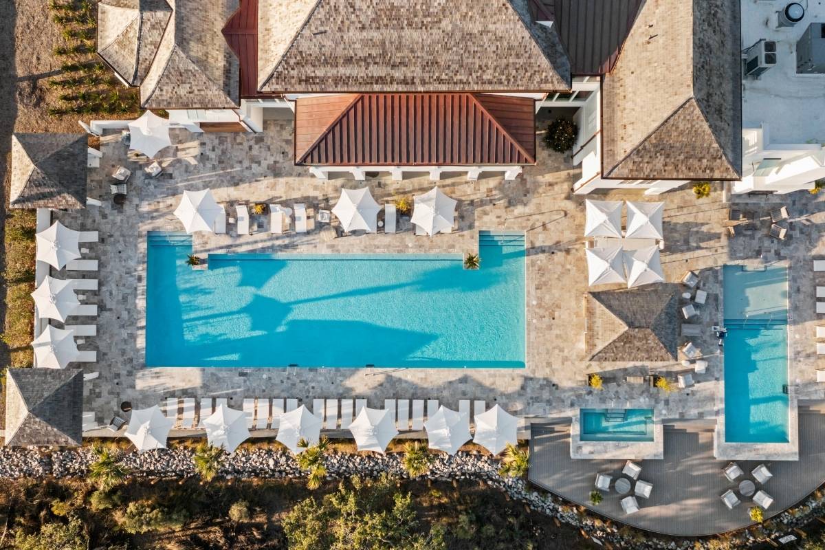 Overhead aerial view of the Spring House junior Olympic pool and leisure pool at Kiawah River, Johns Island SC