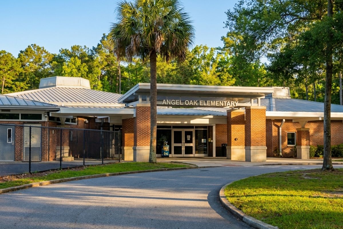 Exterior of Angel Oak Elementary School on Johns Island, SC, serving early childhood through first grade