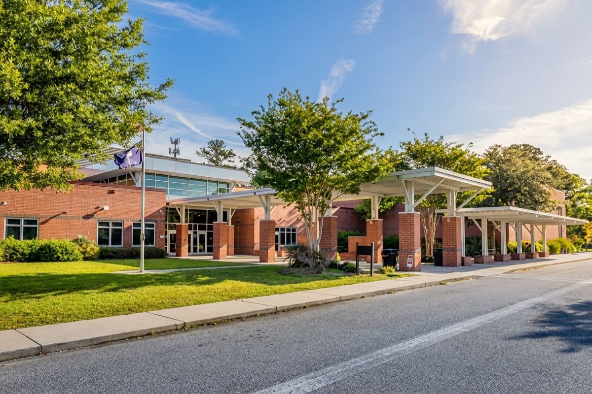 Exterior of Haut Gap Middle School on Johns Island, SC, serving students in the Rushland Landing community