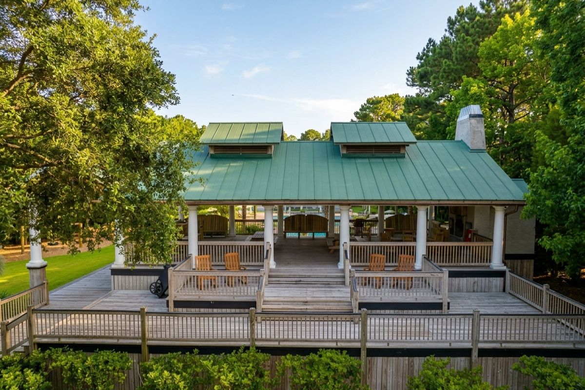 Community pavilion at Rushland Landing on Johns Island, SC, with open-air deck and Adirondack seating