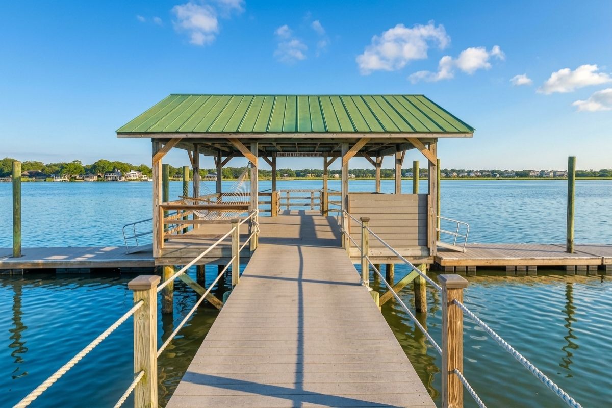 Covered deepwater community dock at Rushland Landing on the Stono River, Johns Island, SC, with hammock and boat slips