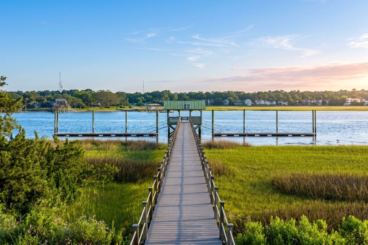 Long dock walkway extending through tidal marsh to the Stono River at Rushland Landing on Johns Island, SC, at sunrise