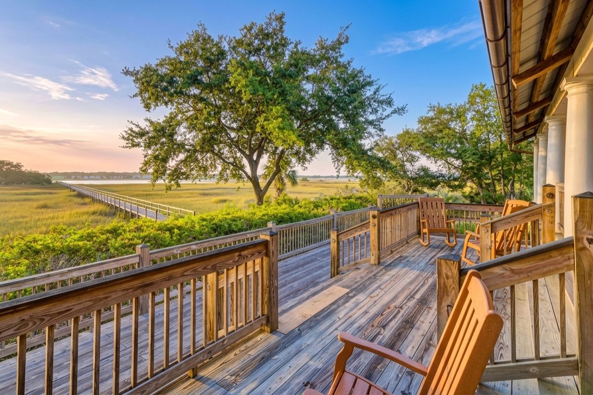 Pavilion deck at Rushland Landing on Johns Island, SC, overlooking tidal marsh, the dock walkway, and the Stono River at sunset