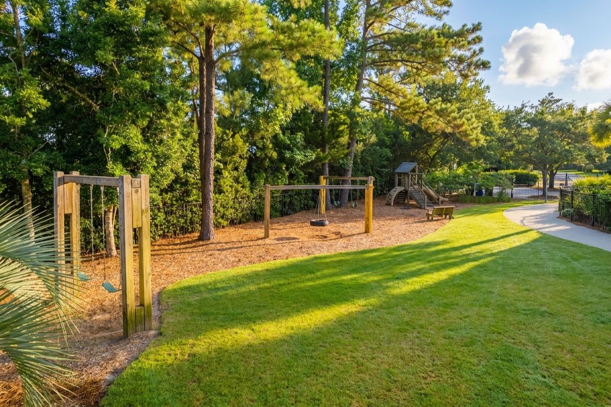 Community playground and park at Rushland Landing on Johns Island, SC, with swings and play structure set among pine trees