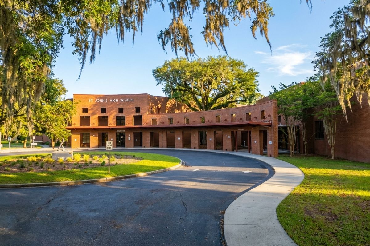 Exterior of St. Johns High School on Johns Island, SC, framed by live oaks and Spanish moss
